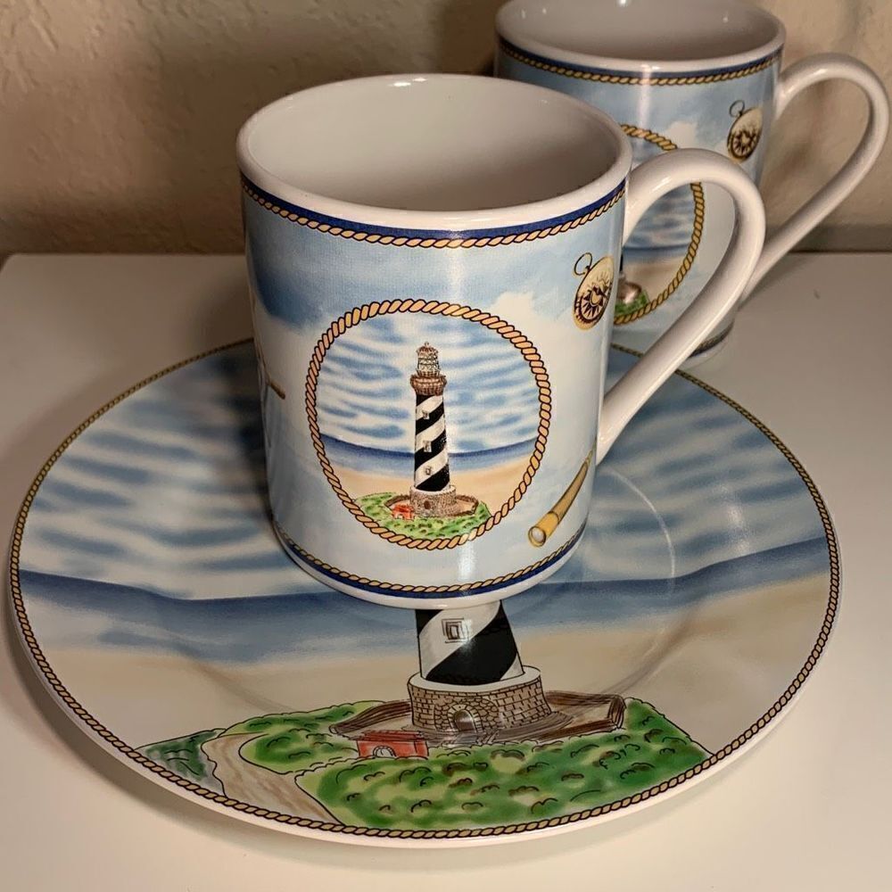Royal Norfolk Coffee Mug Cape Hatteras Light, NC Lighthouse 2 Mugs and 1 Dish - Picture 2 of 8